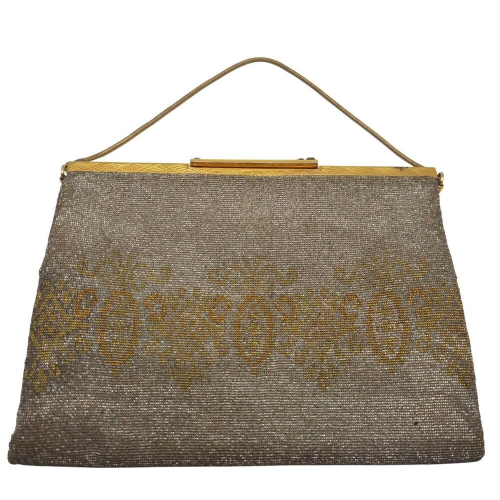 Vintage Handmade in France Evening Purse Clutch Bag Gold Mesh Beaded MOP Clasp
